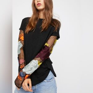 FREE PEOPLE Take Me Away Twofer Layered Long Sleeve Embroidered Floral Mesh Boho